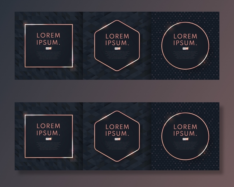 一套抽象奢华的黑色图案设计背景，几何粉色金色框架。