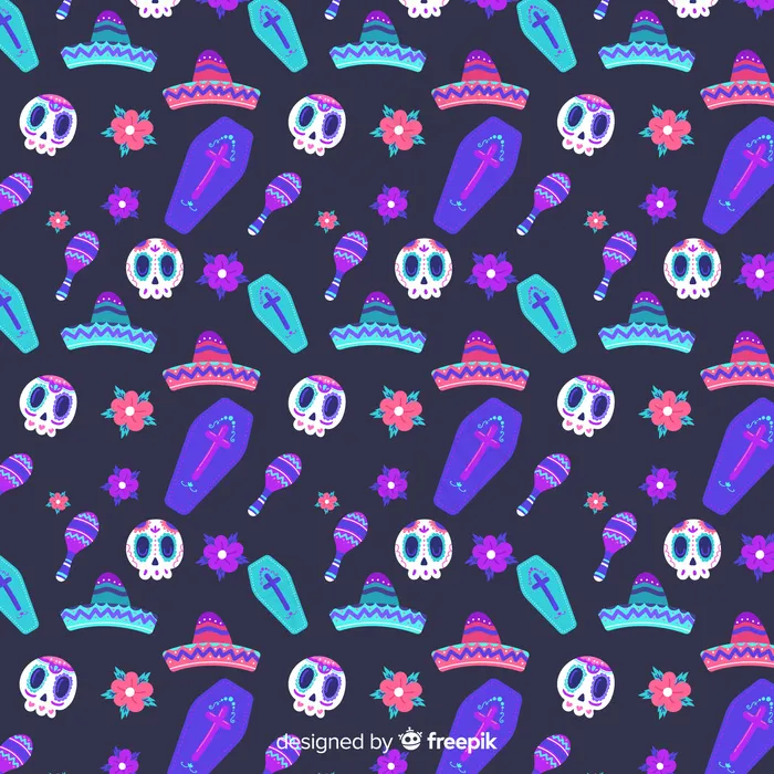 无缝头骨手绘día de muertos图案eps,ai矢量模版下载