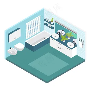 等距浴室组合室内白色和蓝色，带卫生间和浴缸