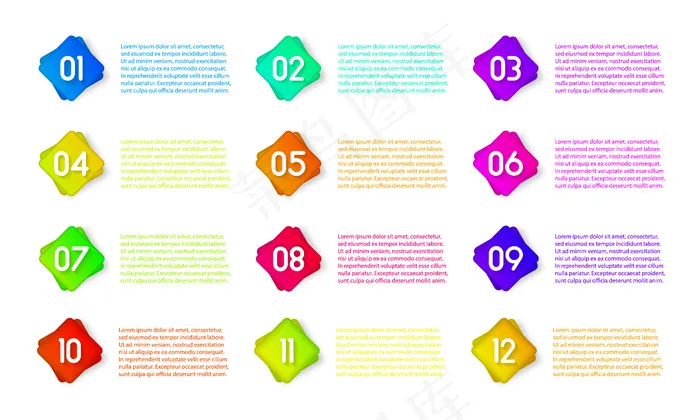 编号为1到12的项目符号图标，用于信息图表、演示。数字项目符号彩色三维标记隔离在白色背景上。粘性点渐变色。插图，eps 10。