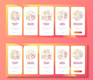 后covid综合征和心理健康概念的手机app手机app移动应用程序app页面屏幕。睡眠困难通过5个步骤的图形说明演练。带有rgb颜色插图的ui模板