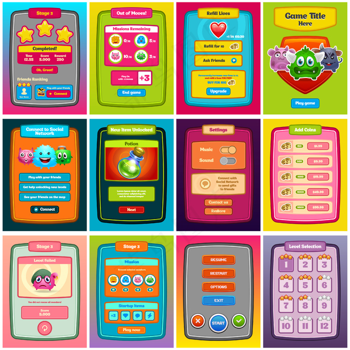 界面游戏。网页设计和电脑游戏的游戏界面。