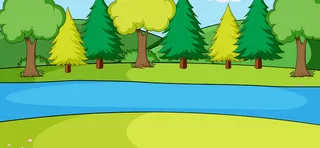 与许多树和河的空的公园风景场面