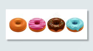 白底甜甜圈。逼真的甜甜圈套装