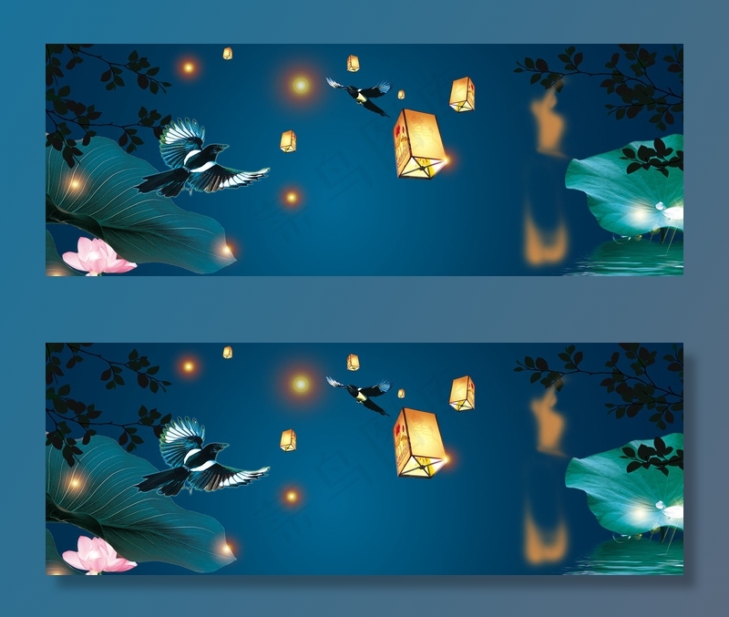 七夕清新漂浮花灯banner背景