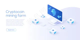 加密币采矿场布局。加密货币和区块链网络业务等距图。加密货币交换或交易过程背景。