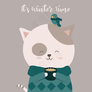 一只猫在喝咖啡，一只鸟停在它的头上