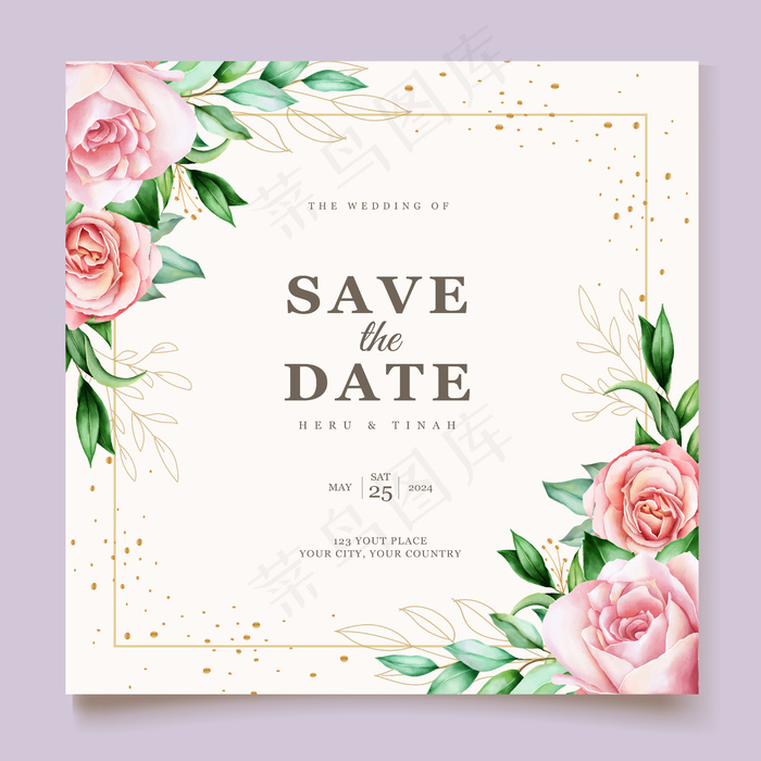 优雅的结婚卡与美丽的花和叶子模板