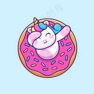 可爱的独角兽蘸着甜甜圈卡通矢量图标插图。动物食品图标概念分离载体。平面卡通风格