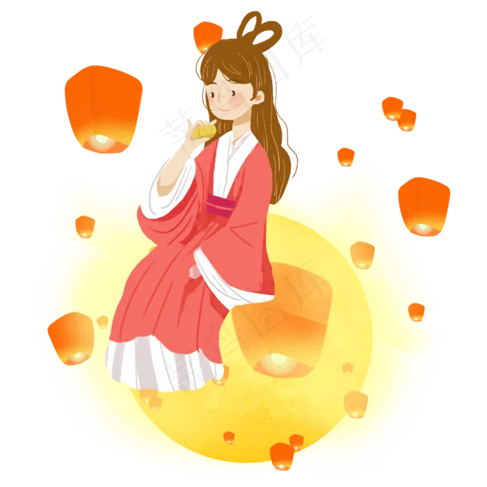 中秋吃月饼天灯嫦娥png素材(2000X2000(DPI:300))psd模版下载