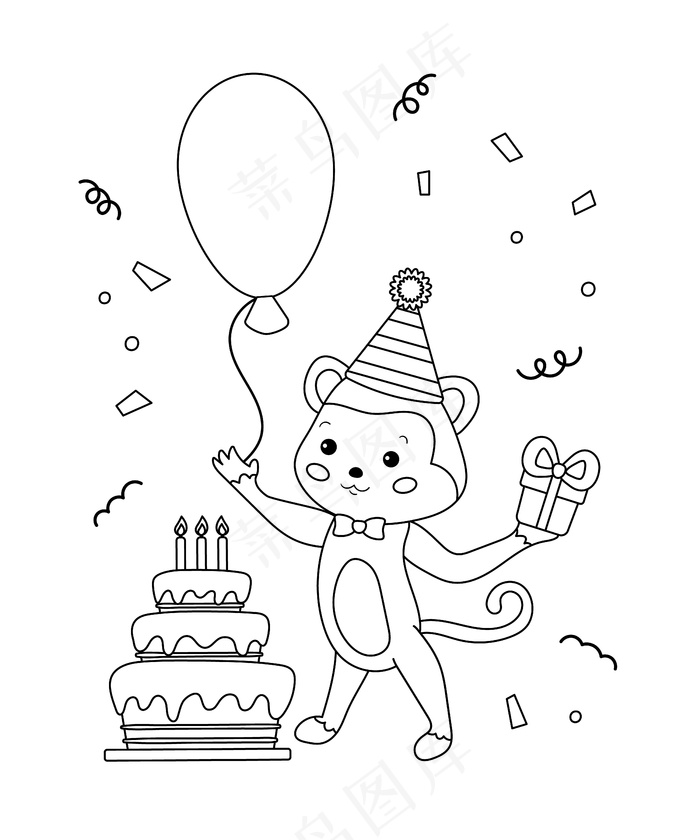 生日快乐彩页。可爱的卡通猴子与礼物，气球和蛋糕。