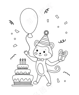 生日快乐彩页。可爱的卡通猴子与礼物，气球和蛋糕。