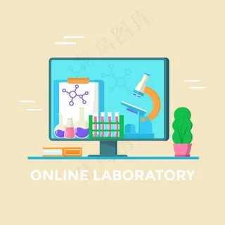 在线实验室概念。计算机屏幕上的医学测试和显微镜。登陆页面的矢量横幅banner