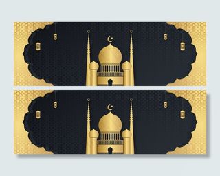 斋月卡里姆或开斋节穆巴拉克旗帜banner与新月和清真寺