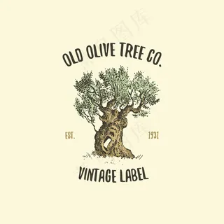 橄榄树标志雕刻或手绘，老样子的生态标志，露营或食品品牌