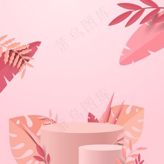 具有几何形式的抽象极小场景。圆柱形讲台展示或展示产品实物模型样机，粉红色背景，带纸页。