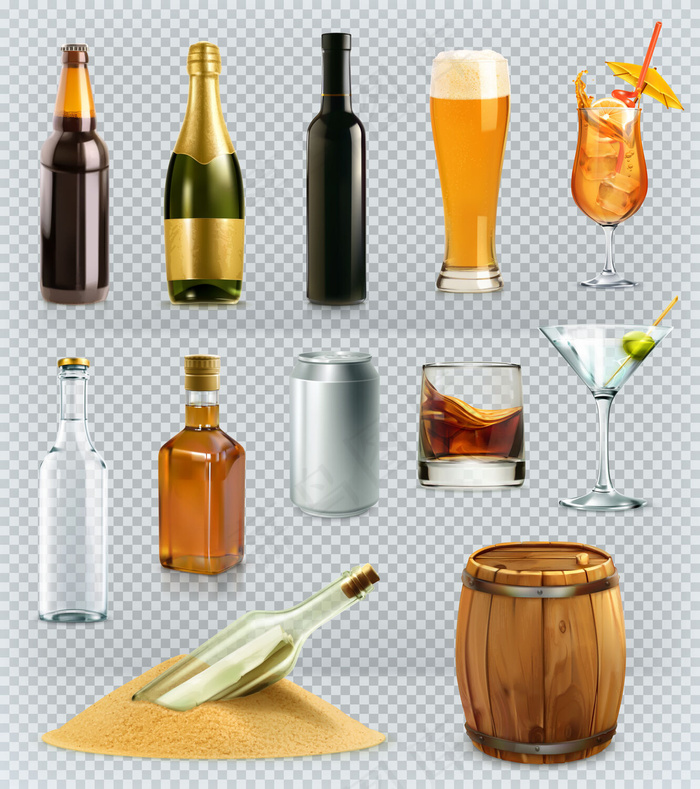 酒瓶和酒杯。3d图标集eps,ai矢量模版下载