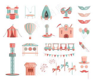 矢量卡通游乐场游乐设施图标集。