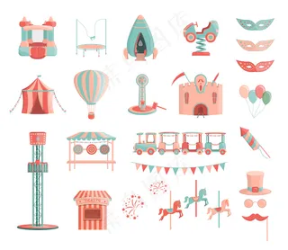 矢量卡通游乐场游乐设施图标集。