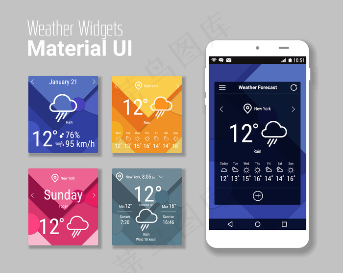 时尚的手机app移动应用程序app天气小部件用户界面套件，在时尚的材料背景，与智能手机和粗体线图标eps,ai矢量模版下载