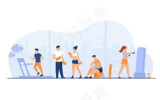 运动员在健身房做健身运动与全景窗户隔离平面矢量图。卡通人物有氧训练和举重。