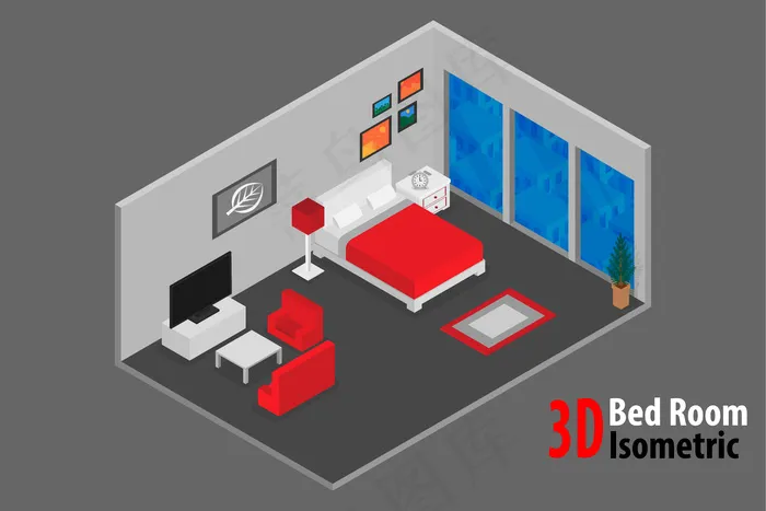 带床和配件的室内卧室设计eps,ai矢量模版下载