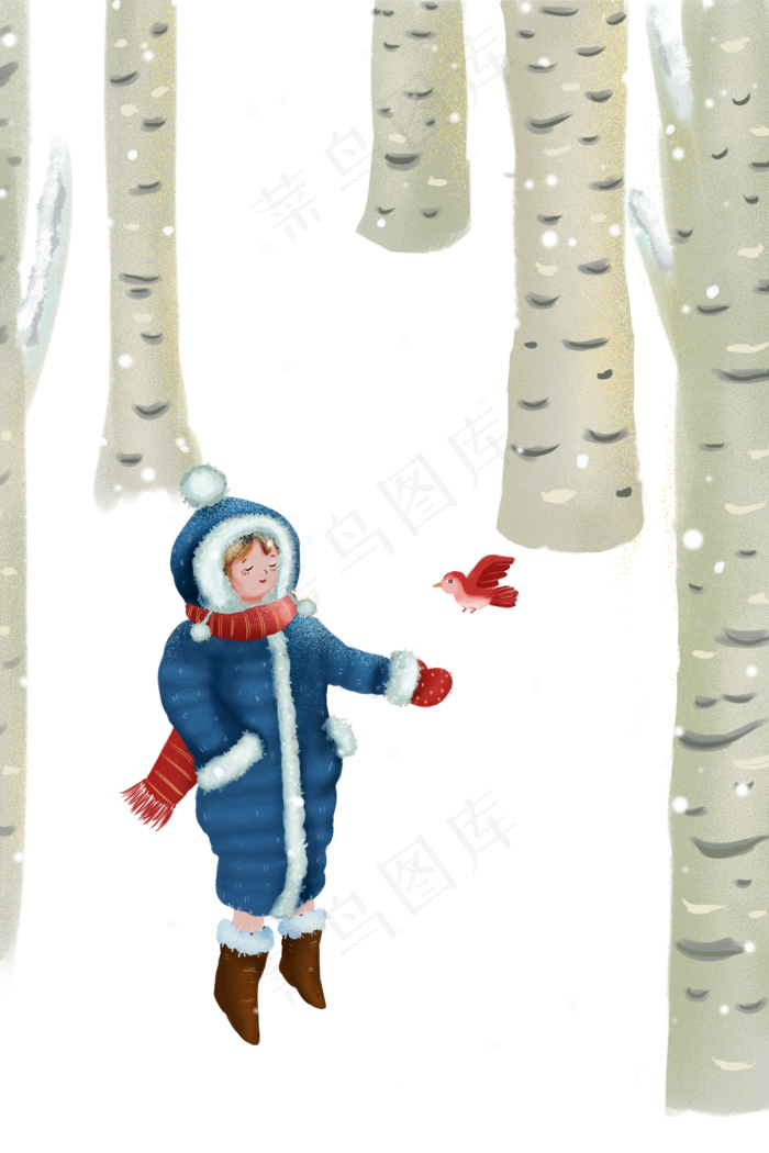 立冬雪景大雪女孩小鸟(2816X1696(DPI:300))