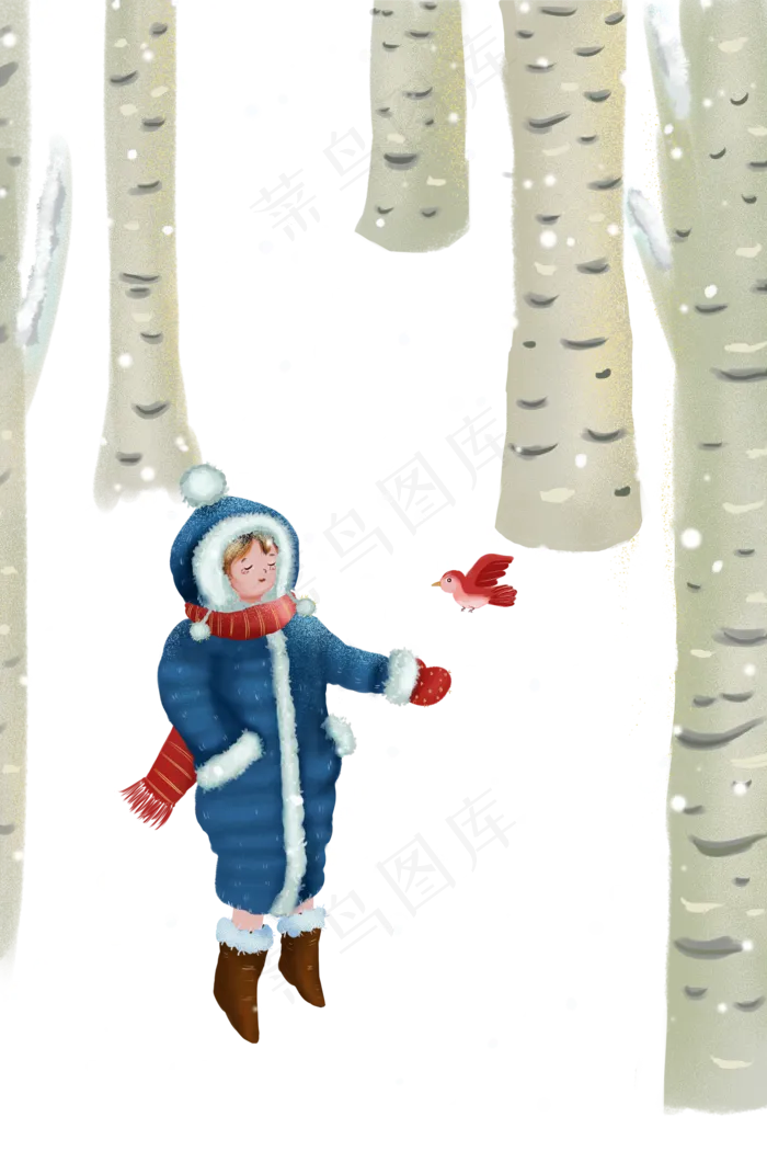 立冬雪景大雪女孩小鸟(2816X1696(DPI:300))
