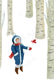 立冬雪景大雪女孩小鸟