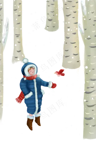 立冬雪景大雪女孩小鸟