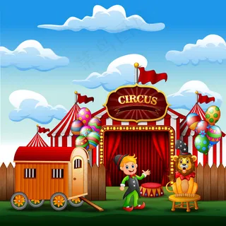 马戏团入口处带着狮子的卡通训练师