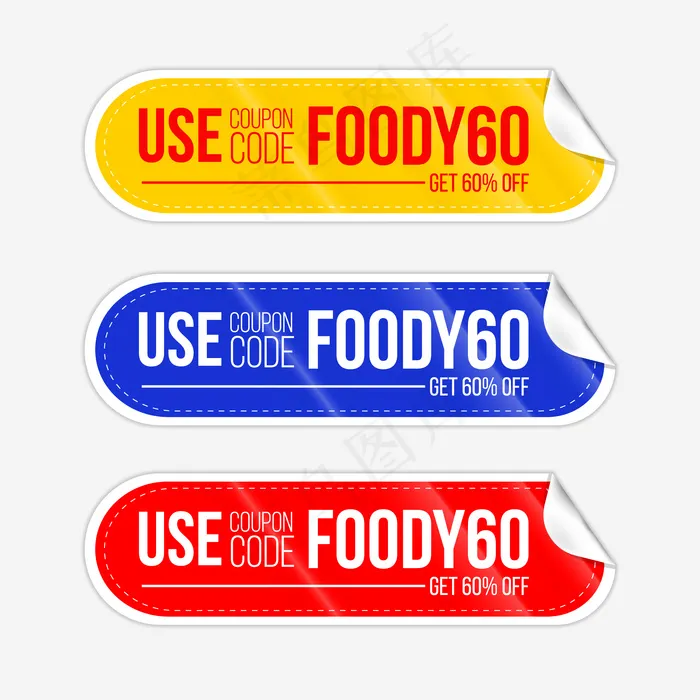 红色圆纸和蓝色折叠式现实胶粘优惠券eps,ai矢量模版下载