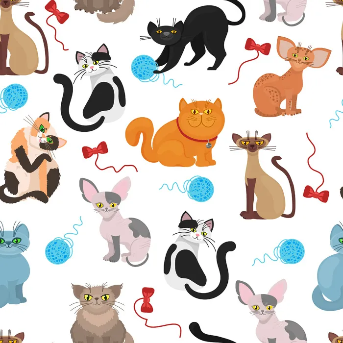 毛皮猫图案背景。颜色与线程缠结的猫。国内顽皮的猫插画eps,ai矢量模版下载