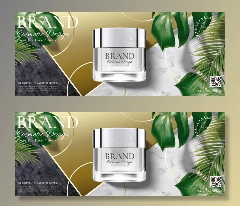 化妆品奶油罐广告热带树叶大理石和金色背景eps,ai矢量模版下载