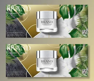 化妆品奶油罐广告热带树叶大理石和金色背景