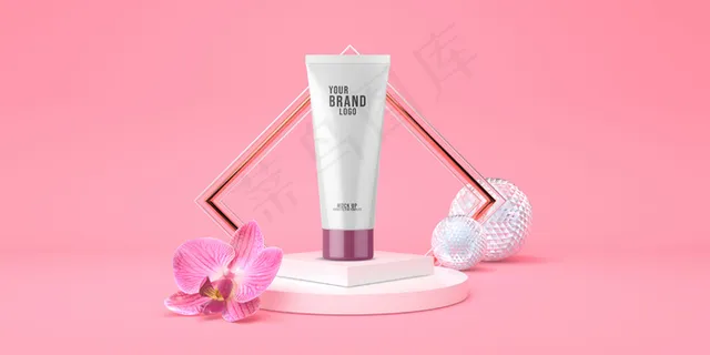 最小化妆品模板粉红色工作室与裙楼和兰花粉彩三维渲染