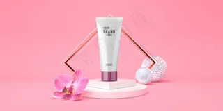 最小化妆品模板粉红色工作室与裙楼和兰花粉彩三维渲染