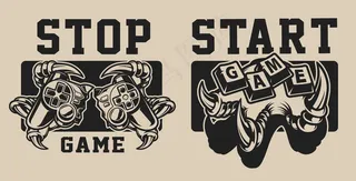 游戏主题上的一组插图，白色和黑色背景上有一个操纵杆。文本在一个单独的组中。