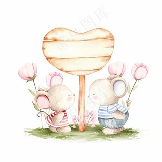 可爱的情侣老鼠与爱木标志模板水彩插图