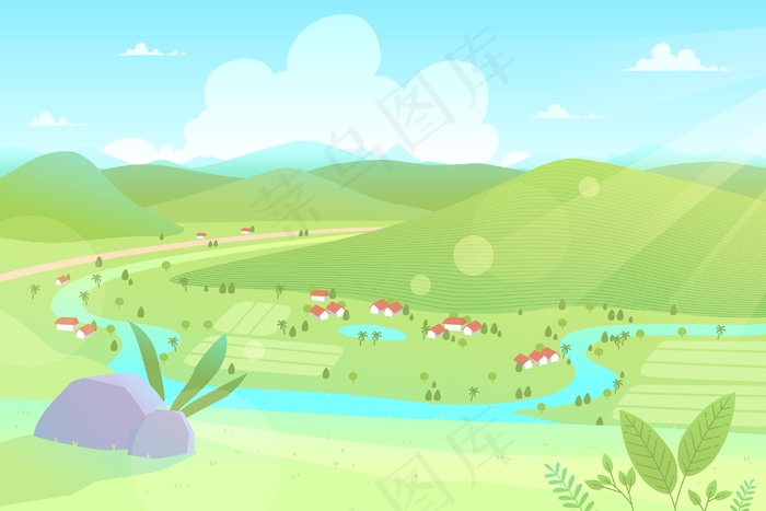 乡村景观插画概念eps,ai矢量模版下载