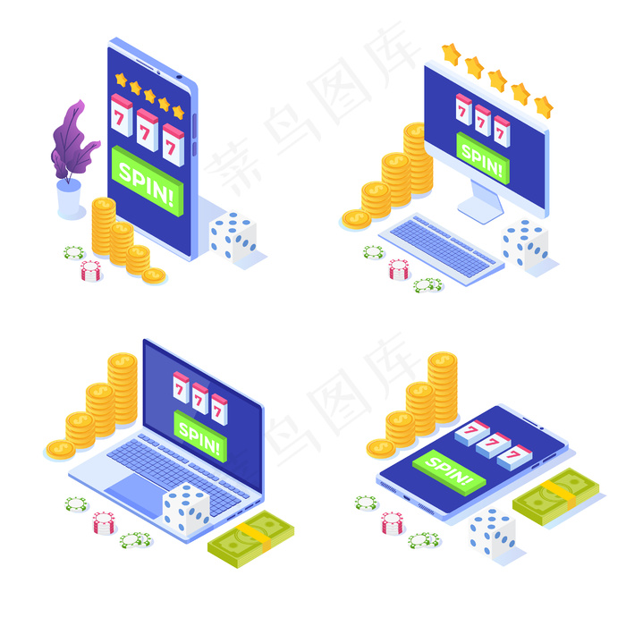 在线赌场图标集、在线赌博、游戏应用程序app等轴测图