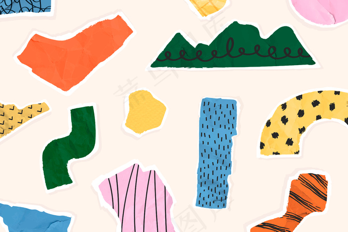 米色背景上的彩色撕纸图案拼贴