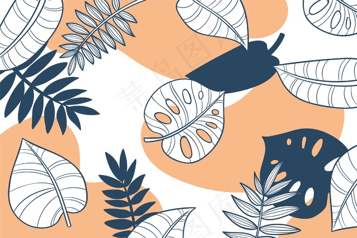 线性热带树叶与粉彩墙纸