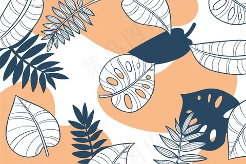 线性热带树叶与粉彩墙纸