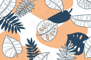 线性热带树叶与粉彩墙纸