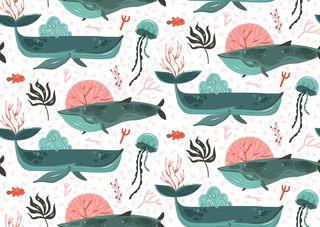 手绘抽象卡通图形夏季水下海底插图与珊瑚礁，美丽的大鲸鱼，白色背景上孤立的海藻无缝模式。