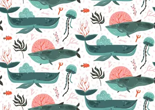 手绘抽象卡通图形夏季水下海底插图与珊瑚礁，美丽的大鲸鱼，白色背景上孤立的海藻无缝模式。