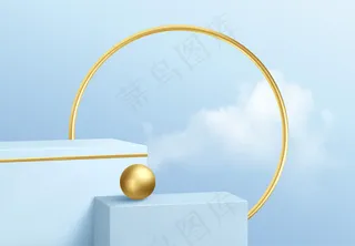 蓝色产品展示台，背景是晴空白云和金色装饰。讲台