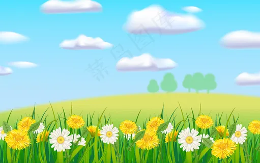 春日山水田园，雏菊蒲公英盛开。