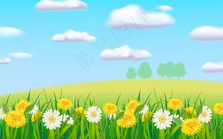 春日山水田园，雏菊蒲公英盛开。